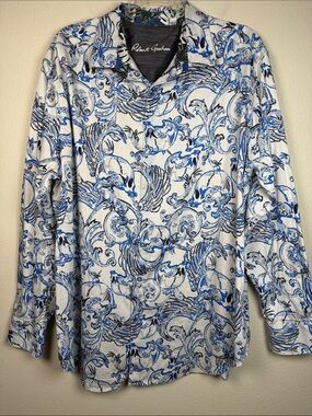 Robert Graham Skull Print Button Up Shirt 2XLT XXLT Tall Blue Flip Cuff Stretch